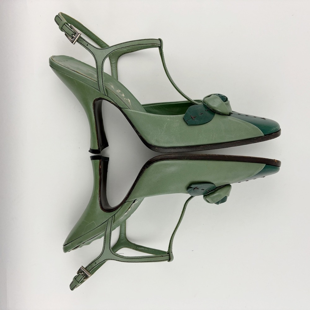 Vintage Prada Green Leather Rose T Strap Heels Size 36 Floral Knot Square Toe - Picture 8 of 14